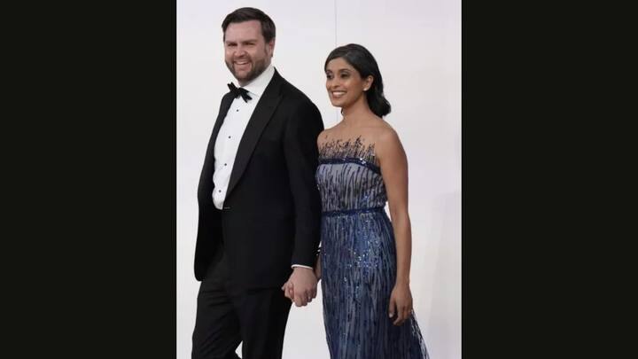 Usha Vance wore a blue gown with sheer mesh neckline that gives the illusion of a strapless design. She arrived with her husband, JD Vance, the newly elected Vice President of the United States of America. (Image Source: Twitter/@ARamblingRoyal)