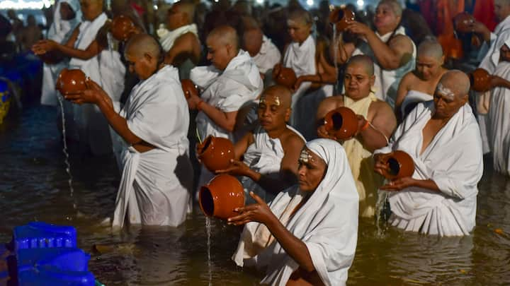 Newly initiated 'Sadhus' of Shri Panchayati Akhara Niranjani perform rituals as part of their 'Diksha' ceremony during Maha Kumbh Mela 2025. (Photo: PTI)