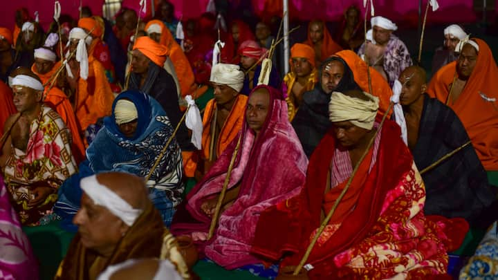 Initiated 'Naga Sadhus' of Shri Panchayati Akhara Niranjani wait for their 'diksha' ceremony at Maha Kumbh Mela 2025. The process of initiating thousands of those who had applied to become Naga Sadhus in Akharas began after their applications were checked at three levels. (Photo: PTI)