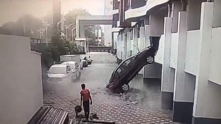 Pune: Car Crashes Through Parking's Wall, Plunges From 1st Floor After Driver Engages Reverse Gear — On Cam