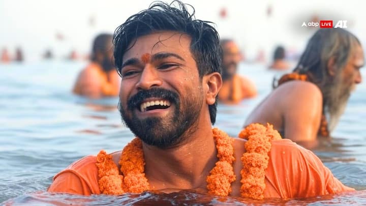 Ram Charan is captured enjoying a serene dip, dressed in an orange kurta. [Image Credit: ABP Live AI]