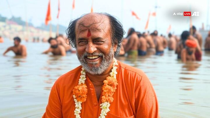 Rajinikanth in a simple yet elegant attire, offers prayers to the deities. [Image Credit: ABP Live AI]