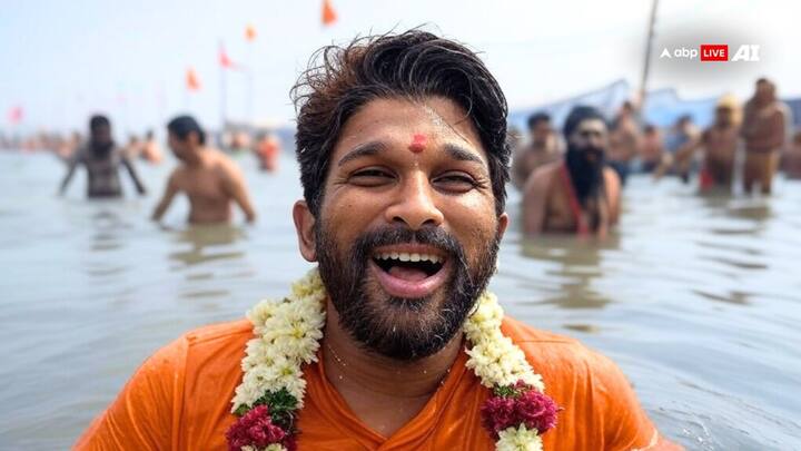 Allu Arjun takes a graceful dip into the Ganges. [Image Credit: ABP Live AI]