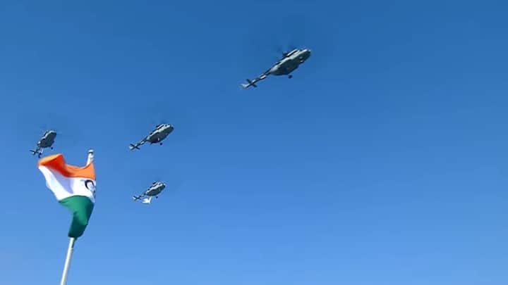 The Dhwaj Formation showcased four Mi-17 helicopters during a ceremonial flight over Kartavya Path, where they proudly display the National Flag and rain down flower petals. (Credit: DD India)