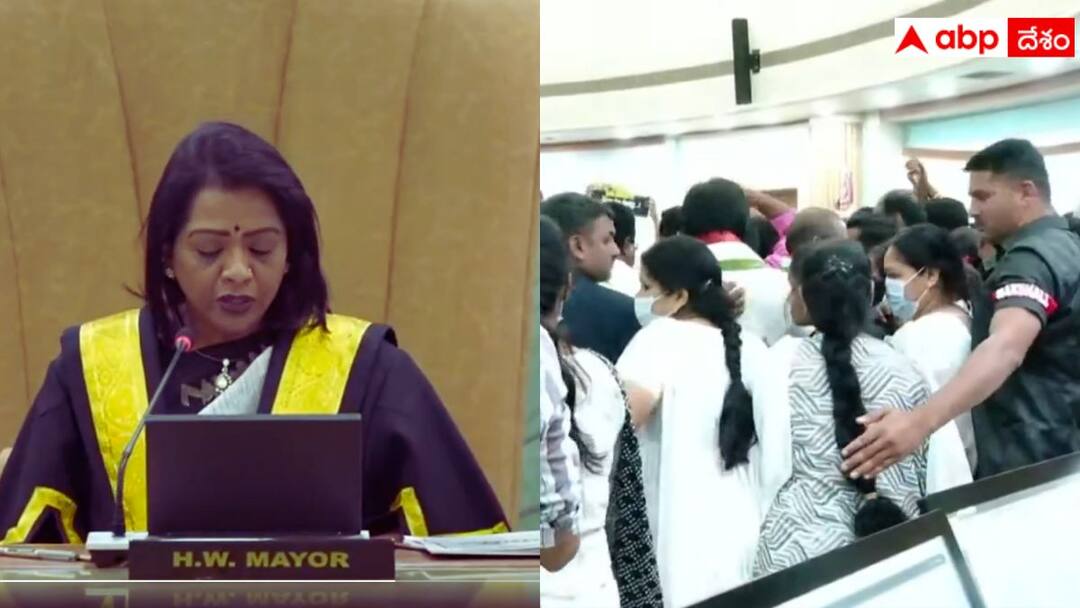 BRS corporators cause chaos at GHMC general meeting and throw budget papers at the mayor GHMC Meeting: జీహెచ్‌ఎంసీ సర్వసభ్య సమావేశంలో గందరగోళం, బడ్జెట్ పేపర్లు చింపి మేయర్ పై విసిరేసిన బీఆర్ఎస్ కార్పొరేటర్లు
