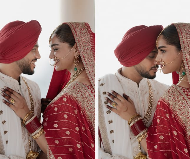 ये तस्वीर रफ्तार और मनराज की सिख रीति-रिवाजों से हुई शादी की है. जहां लाल पगडी बांधे और व्हाइट शेरवानी पहने दूल्हे मिया रफ्तार जंच रहे हैं तो वहीं उनकी दुल्हनिया मनराज भी लाल जोड़े में बला की खूबसूरत लग रही हैं.