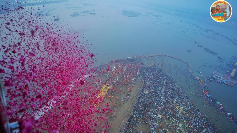 Flower Petals Showered On Devotees At Maha Kumbh On Final Amrit Snan Flower Petals Showered On Devotees From Helicopter At Maha Kumbh On Final 'Amrit Snan' — Watch
