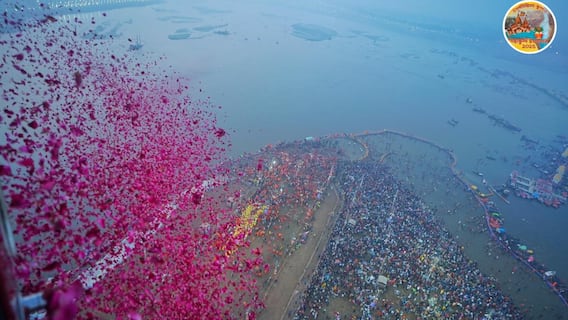 Flower Petals Showered On Devotees From Helicopter At Maha Kumbh On Final 'Amrit Snan' — Watch
