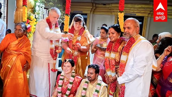 Tamil Man American Woman Marriage : காஞ்சி பட்டில் அமெரிக்க பெண்கரம்பிடித்த தமிழ்நாட்டு இளைஞர்..களைகட்டிய கல்யாணம்