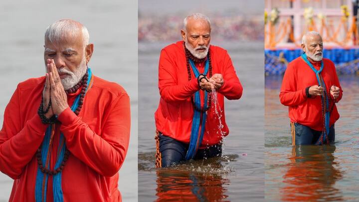 படகில் திரிவேணி சங்கமத்திற்கு சென்ற பிரதமர் நரேந்திர மோடி காவி சட்டை அணிந்து திரிவேனி சங்கமத்தில் புனித நீராடினார்.
