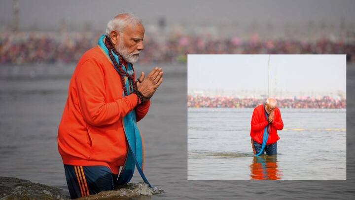 திரிவேணி சங்கமத்தில் நரேந்திர மோடி நீராடிய காட்சி .உத்தரப்பிரதேச முதல்வர் யோகி ஆதித்யநாத்துடன் சேர்ந்து பிரதமர் நரேந்திர மோடி கங்கை ஆற்றில் படகில் சென்று பார்வையிட்டார்.