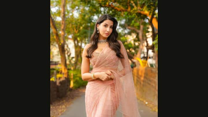 1. Nude Pink Saree: Nora Fatehi exuded understated elegance in her delicate net saree that gives her an ethereal charm. The lightweight saree has subtle linear pattern which enhances the simplicity. The actress has paired her look with an embroidered blouse that beautifully complements her look with its intricate patterns. (Image Source: Instagram/@norafatehi)