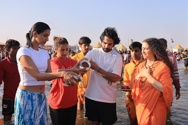 Actor Rajkummar Rao and his wife and actor Patralekha took a holy dip in the Ganga River.  (Image: Special arrangement)
