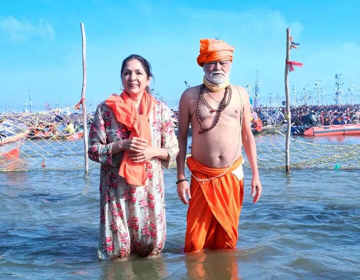 Vadh-2 team sought divine blessings for their film by participating in the holy ritual of taking a dip at the sacred Sangam Ghat and also visited the Akshay Vat Temple and offered their prayers. (Image: Instagram/@neenagupta)