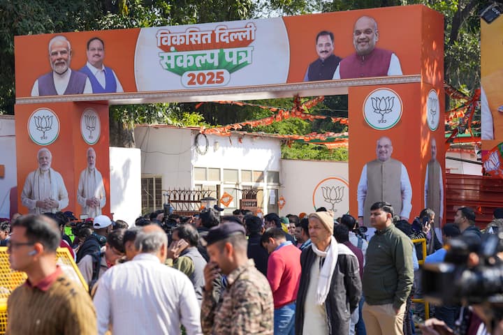 BJP supporters at the party office on the counting day for Delhi Assembly polls, in New Delhi, Saturday, Feb. 8, 2025. (Image Source: PTI)