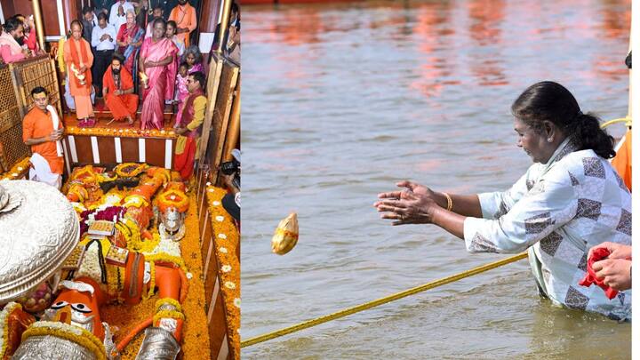 திரிவேணி சங்கமத்தில் புனித நீராடிய பின், திரெளபதி முர்மு,தொடர்ந்து அனுமன் மந்திர் சென்று வழிபாடு செய்தார்.