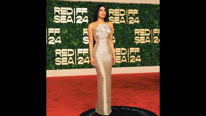 7. Shimmery Gown: Priyanka Chopra stunned in a strapless shimmery gown that featured an intricate folded rose design. The gown had a thigh high slit at the back that gave a bold look to the outfit. She completed her look with minimal makeup and subtle jewellery that gave her a radiating grace. (Image Source: Instagram/@priyankachopra)