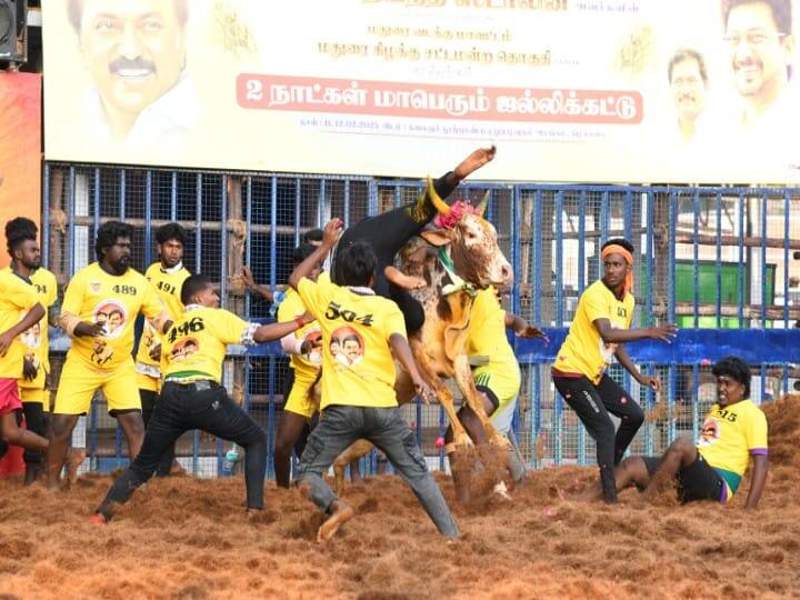 மதுரை அலங்காநல்லூர் ஊராட்சி ஒன்றியம் கீழக்கரையில் உள்ள கலைஞர் நூற்றாண்டு ஏறு தழுவுதல் மைதானத்தில் அனல் பறக்கும் ஜல்லிக்கட்டு.
