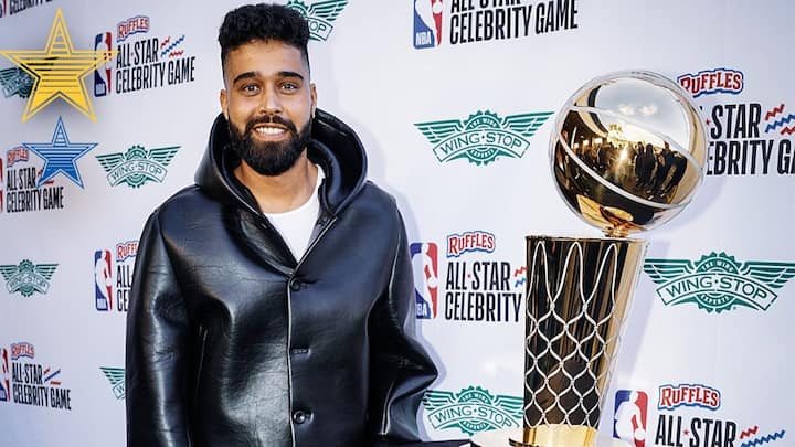 Here's a few pictures of AP Dhillon from the NBA All-Star Celebrity Game red carpet and the match in San Francisco.