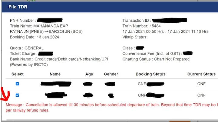 इसके लिए आपको अपनी IRCTC आईडी पासवर्ड के साथ से लॉगिन करें. इसके बाद 'My Transactions' के ऑप्शन में से 'File TDR' का ऑप्शन सिलेक्ट करें. और अपना रीजन सिलेक्ट करके फॉर्म सबमिट कर दें.