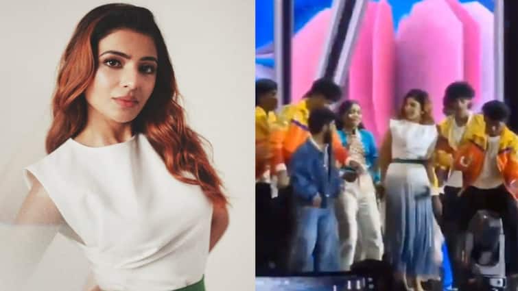Actress Samantha dancing at college event for dippam dappam song கல்லூரியில் மாணவர்களுடன் சமந்தா போட்ட குத்தாட்டம்...வைரலாகும் வீடியோ