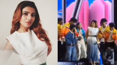 Actress Samantha dancing at college event for dippam dappam song கல்லூரியில் மாணவர்களுடன் சமந்தா போட்ட குத்தாட்டம்...வைரலாகும் வீடியோ