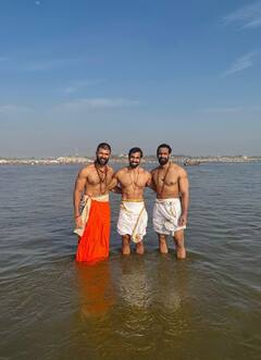 गळ्यात रुद्राक्षाची माळ, कपाळावर टिक्का, विजय देवरकोंडाचे कुंभमेळ्यात शाही स्नान, पाहा PHOTOS