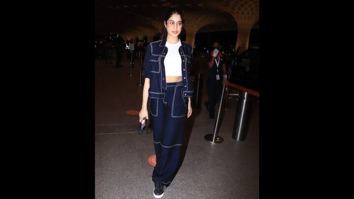 3. Janhvi Kapoor: Janhvi Kapoor nailed a cool and casual look with her denim co-ord set. She paired her outfit with black shoes and retro tinted sunglasses for a stylish vibe. The actress layered her outfit with a body hugging white crop top which elevated her style. (Image Source: Twitter/@filmfare)