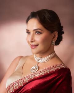 Madhuri Dixit Radiates Retro Glam In Red Velvet Saree, See All Pics