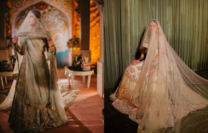 कुबरा खान ने अपनी शादी पर लाइट ग्रीन कलर का लहंगा पहना था. इसे उन्होंने मैचिंग लॉन्ग वेल के साथ पेयर किया था.