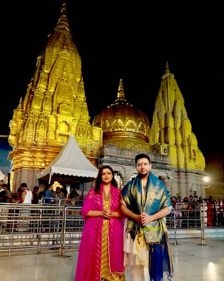 Actress Parineeti Chopra along with her politician husband Raghav Chadha and family offered prayers at the Kashi Vishwanath Temple ahead of Maha Shivratri. (Image: Instagram/@raghavchadha88)
