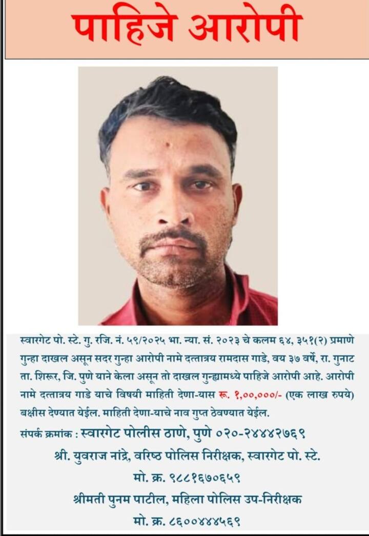 दत्तात्रय गाडे याला पकडून देणाऱ्याला 1 लाख रुपयांचे बक्षीस देण्याचे पोलिसांनी जाहीर केले आहे.