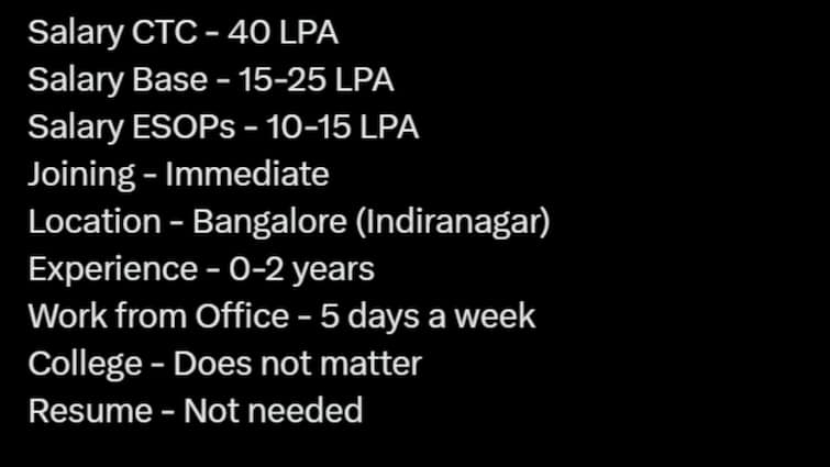 'No Resume Need': Bengaluru Tech Job Offering Rs 40 LPA Goes Viral; Here's What Netizens Said