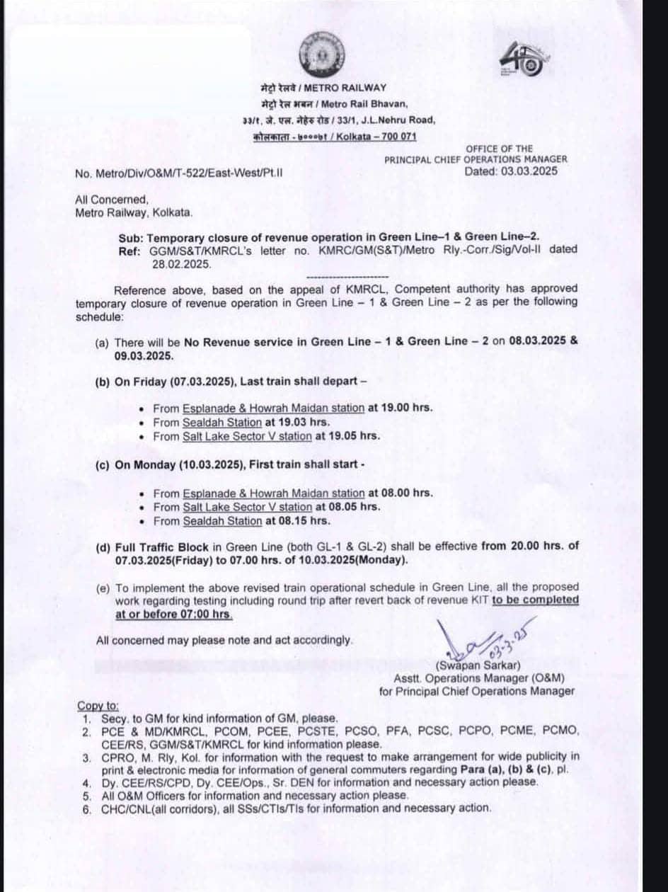 East-West Metro Service: যাত্রীদের ভোগান্তির আশঙ্কা, ফের দুদিন বন্ধ এই রুটে মেট্রো পরিষেবা