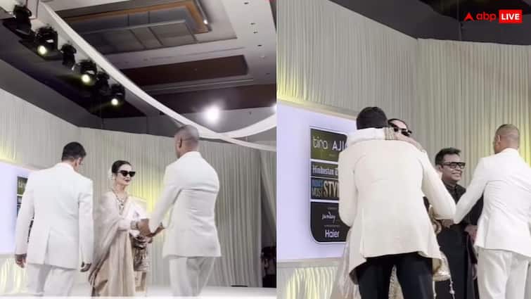 rekha ignored akshay kumar at award function share a warm hug with amitabh bachchan son abhishek bachchan watch video स्टेज पर अक्षय कुमार को रेखा ने किया इग्नोर, अमिताभ बच्चन के बेटे को लगाया गले, वीडियो वायरल