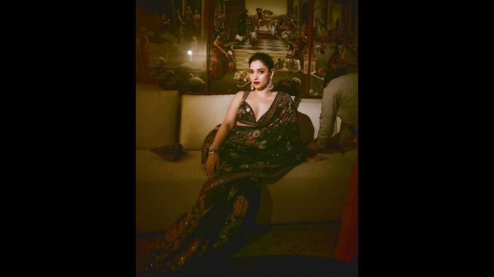 3. Graceful Floral Black Saree: Tamannaah Bhatia wore a black saree with a floral embroidery. The deep neck blouse and bold red lips added a vintage charm to the traditional Indian look. The actress added statement jewellery with the saree that added a regal touch. (Image Source: Instagram/@tamannaahspeaks_)