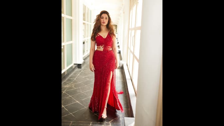 2. Fiery Red Look: The embellished bold red gown gave the actress a glamorous look. The gown featured a body hugging fit, thigh high slit, and sequin detailing. The deep V neckline and cut out waist design added a modern appeal to the outfit. (Image Source: Instagram/@tamannaahspeaks_)