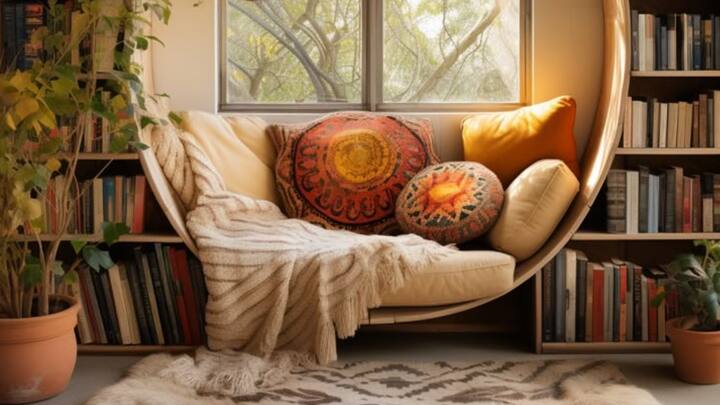 3. Cosy Reading Nook With Plush Throws: Establish a peaceful oasis with an easy armchair or a stylish ottoman and a soft cashmere throw. Warmer floor rugs in pastel or natural colours add ambiance and make the space more welcoming. (Image Source: Pinterest/AIinteriordesigns)