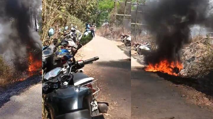 रेल्वे स्थानक परिसरात उष्णतेमुळे जवळील वाळलेल्या गवताने पेट घेतला. या गवताला लागलेल्या आगीची झळ शेजारील दुकीला बसली असून या आगीच दुचाकी जळून खाक झाल्याचं दिसून येत आहे.