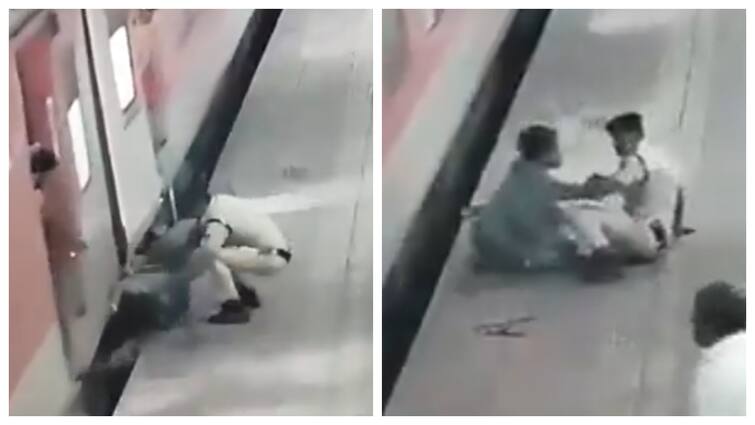 Mumbai Railway Police Rescues Woman Dragged By Train At Borivali Station Video Video: ஓடும் ரயிலில் இருந்து விழுந்த பெண் பயணி.. ஹீரோவாக மாறி காப்பாற்றிய ரயில்வே போலீஸ்.. திக் திக்