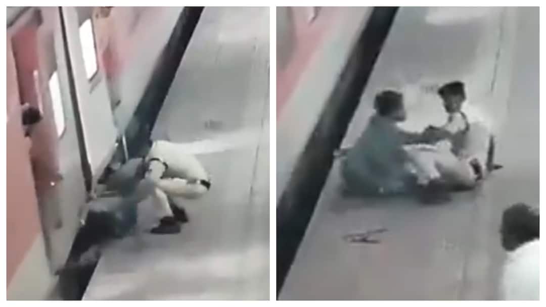 Video: ஓடும் ரயிலில் இருந்து விழுந்த பெண் பயணி.. ஹீரோவாக மாறி காப்பாற்றிய ரயில்வே போலீஸ்.. திக் திக்