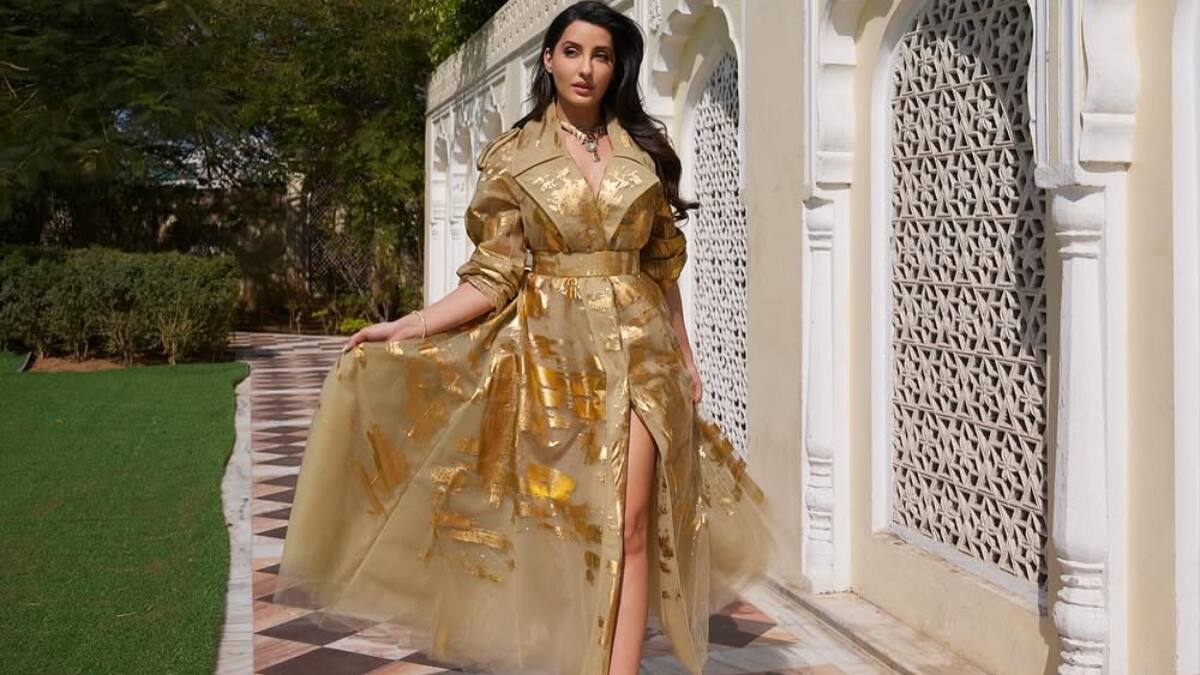 slim fit dress slacks Nora Fatehi in our Gold-Bronze Corset Gown  Manish Malhotra