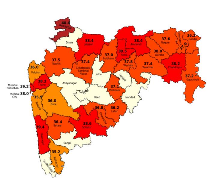 राज्याच्या बहुतांश भागात तापमानाचा पारा चढाच असून या नकाशात नोंदवलेल्या तापमानानुसार, बहुतांश भागात 36 ते 40 अंश सेल्सियस तापमानाची नोंद झाली. तुमच्या शहरात आज किती तापमान नोंदवले गेले हे या नकाशातून तपासता येईल.