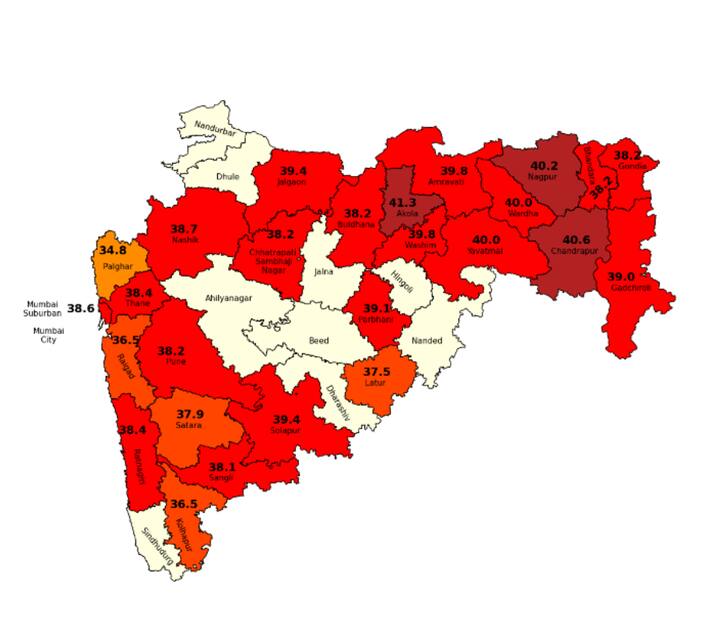 या नकाशावरून आपल्या जिल्ह्यात किती कमाल तापमानाची आज (13 मार्च) नोंद झाली हे तपासता येईल. यात पांढऱ्या रंगातील जिल्हे हे सामान्य तापमानाहून कमी तापमान असल्याचे दर्शवतात.