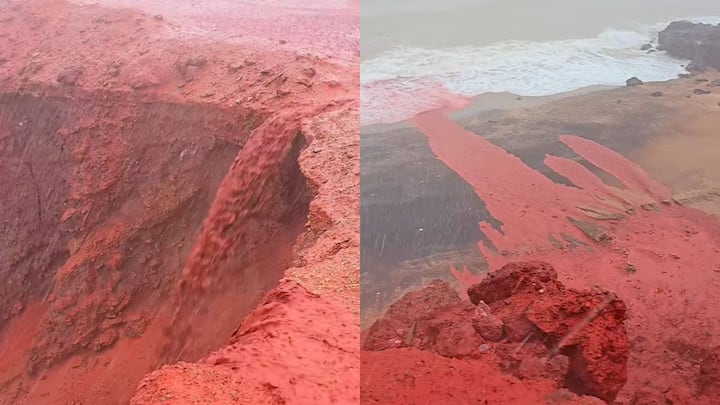 सोशल मीडिया पर इस लाल रंग की बारिश का, जो वीडियो वायरल हो रहा है यह ईरान के हॉर्मूज जलडमरूमध्य में रेनबो आयरलैंड का है. यहां पर मूसलाधार बारिश लाल मिट्टी को समुद्र तट पर ले जाती है. जब यह समुद्री के पानी के साथ मिलती है, तो ज्वार भी चमकीले लाल रंग में बदल जाता है.