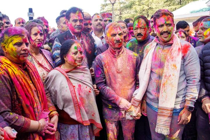 In Himachal Pradesh, Chief Minister Sukhvinder Singh Sukhu, State Congress President Pratibha Singh, and Cabinet Minister Vikramaditya Singh participated in Holi celebrations in Shimla. (Photo: PTI)