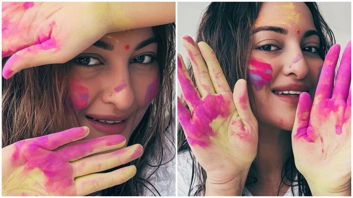 Sonakshi Sinha is celebrating Holi on the set of her upcoming film, Jatadhara. Giving her Instagram followers a glimpse of the festivities, she shared a series of lively pictures.