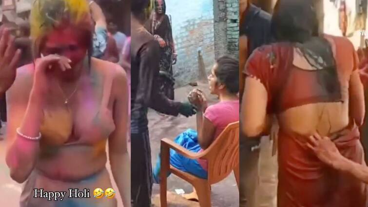 watch video of holi atrocities women getting bullied in holi viral video Holi Atrocities : வடக்கில் தொடங்கியது ஹோலி அட்ராசிட்டி...பெண்கள் படும் பாட்டை வீடியோவில் பாருங்க