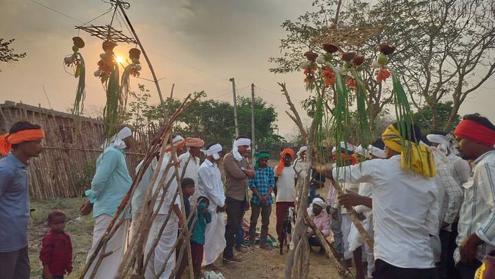 గొంగడిలో కట్టేసిన తర్వాత డోలు వాయిస్తూ అందరూ ఓచోటుకి చేరుతారు. పటేల్ ఇంటి నుంచి నైవేద్యం తీసుకొచ్చి గ్రామ శివారుకు వెళ్లి పూజ చేస్తారు. అక్కడ రెండు గుంతలు తవ్వి అందులో రెండు గుడ్లు వేస్తారు. అక్కడే కర్రలు నిలబెడతారు