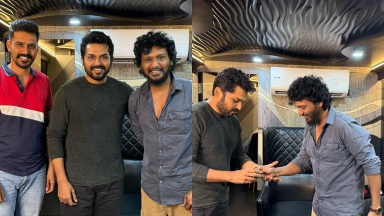 Actor karthi meets lokesh kanagaraj fans expect  kaithi 2 soon see details Kaithi 2 : கூலி ஓவர்...கைதி 2 க்கு தயார்...லோகேஷ் கனகராஜை சந்தித்து காப்பு பரிசளித்த கார்த்தி